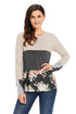 Sexy Grey Color Block Floral Patchwork Long Sleeve Blouse Top
